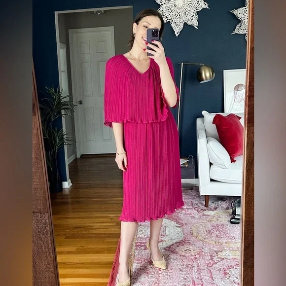 Vintage Chisholm Halle Fuchsia Pink Pleated Cape Top Holiday Dress Halle Bros. - Picture 2 of 10
